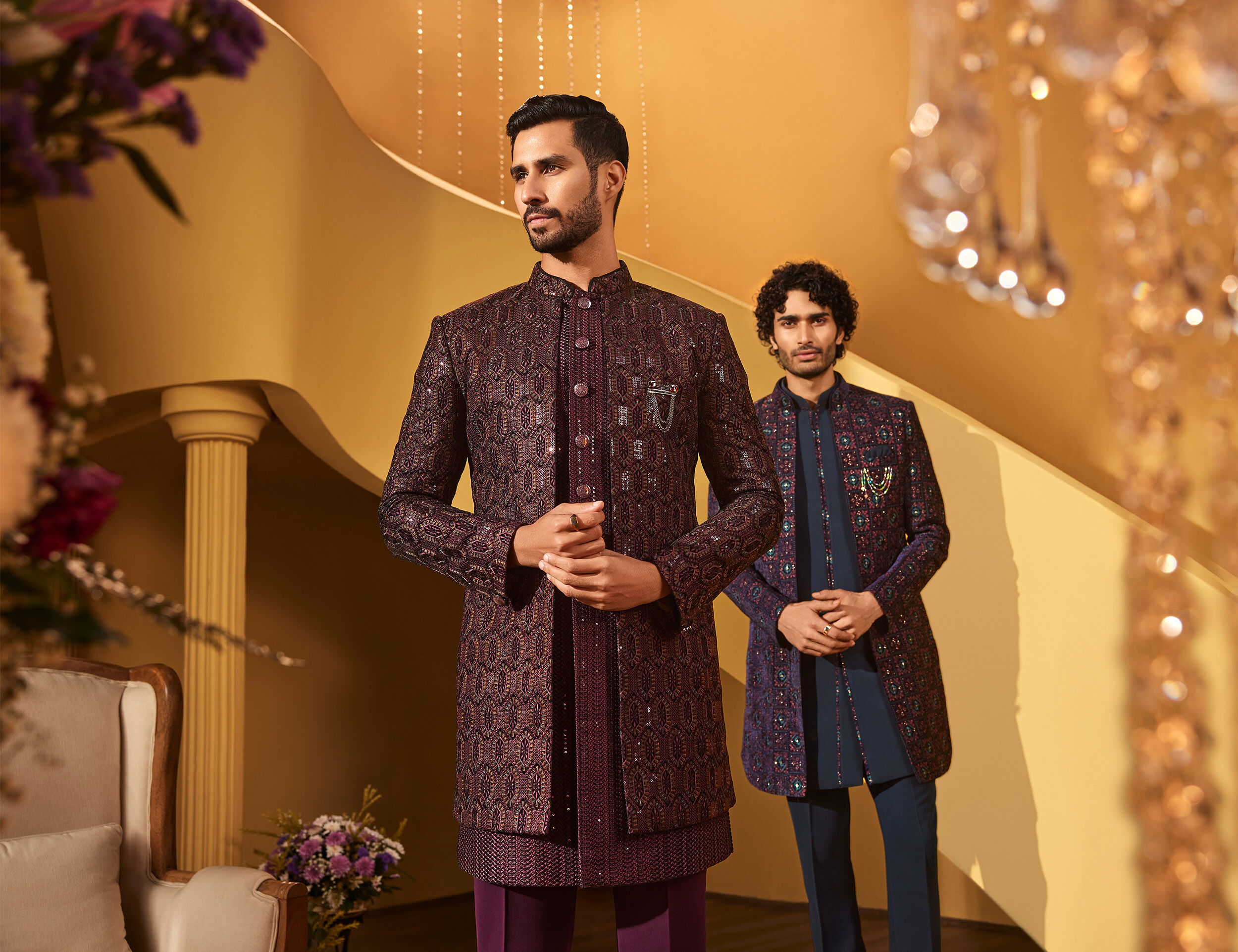 Men wearing stylish brown indo western sherwani for wedding celebration